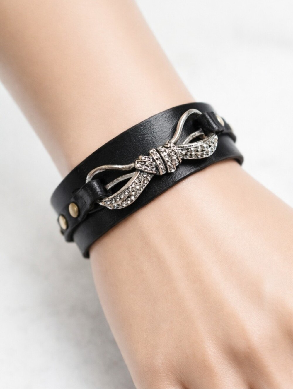 Silver tone Black Leather Bracelet with Rhinestone Bow Accent - Women's Jewelry